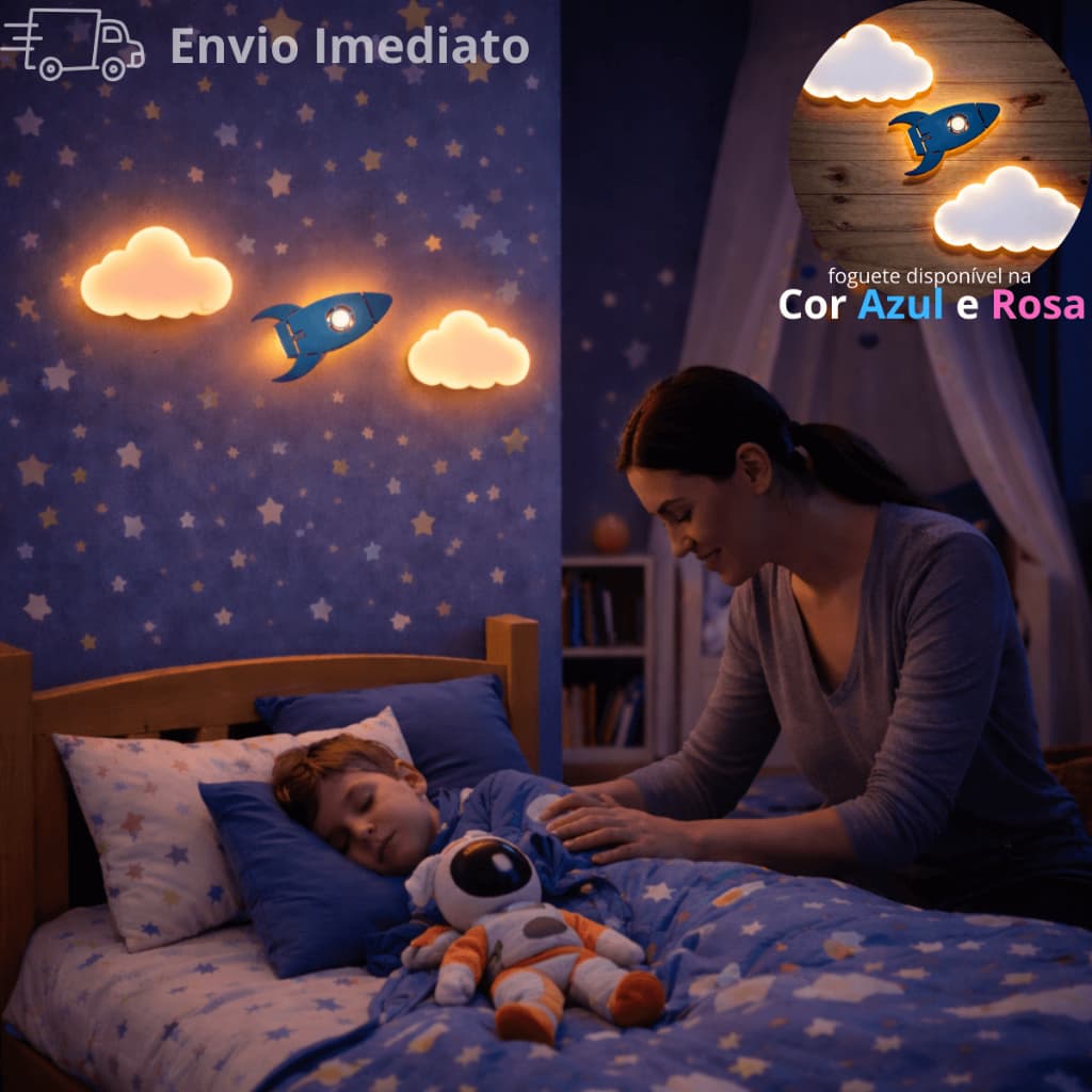 Luminária Foguete e Nuvem Kit Abajur Infantil com Led fio de fada - Decoração para Quarto infantil