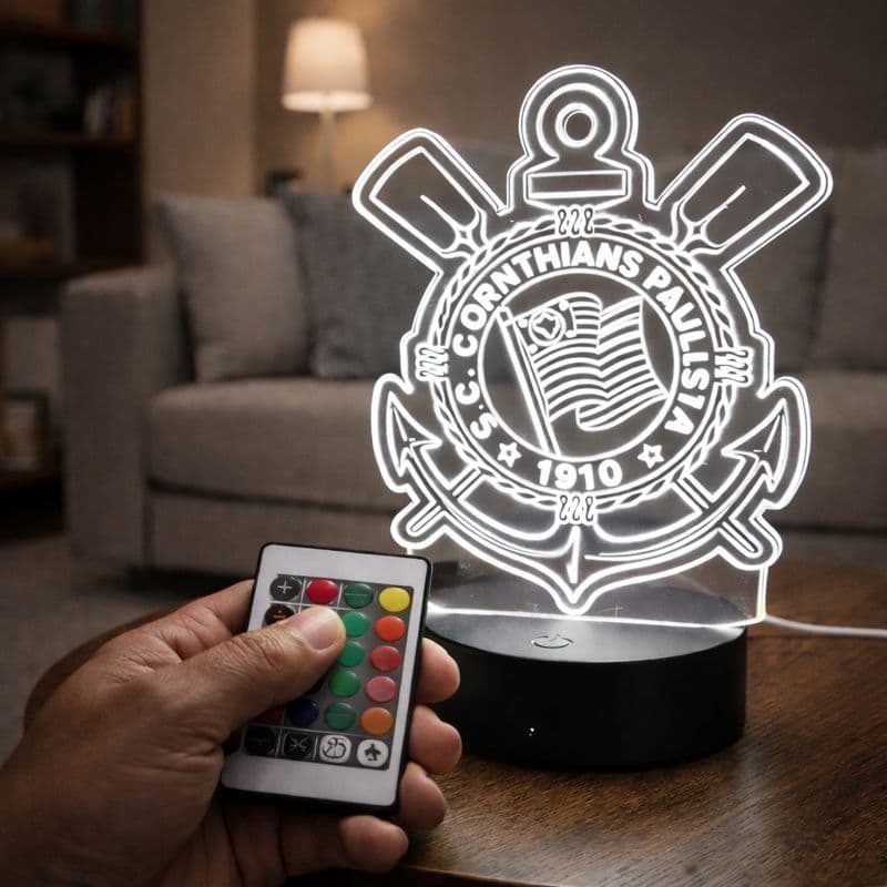 Luminária de led do TIMÃO CORINTHIANS - Luz no Acrílico - Base PRETA ou BRANCA - C/ CONTROLE REMOTO