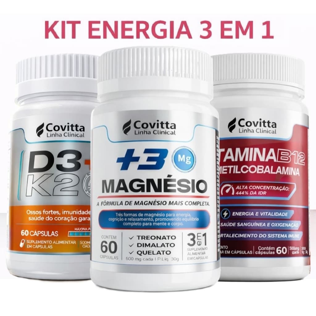 Kit Vitaminas B12 + Vitamina D3 K2 + Magnésio 3 em 1 | 180 Cápsulas - Saúde Completa | Covitta