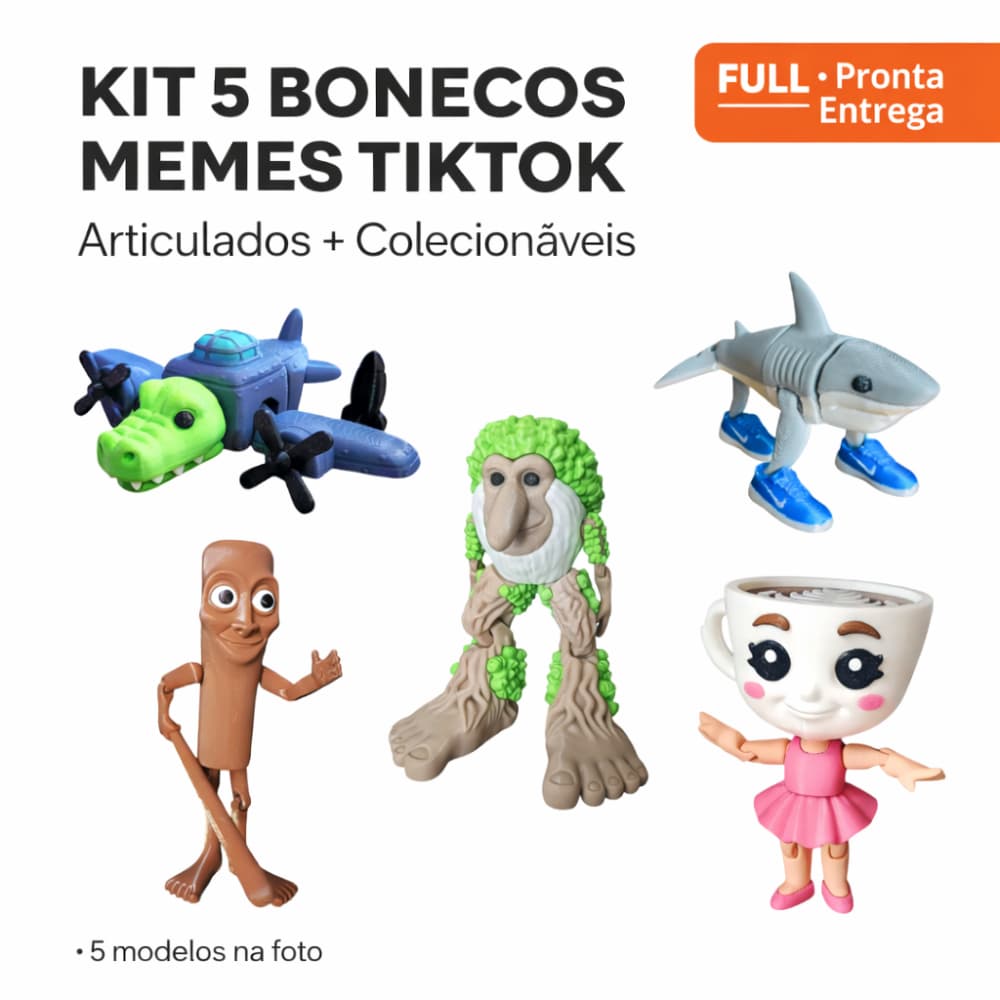 Kit com Bonecos de Memes Articulados, Tung Tung Sahur, Patapim, Bailarina Cappucino, Crocodilo Avião - Brainrot
