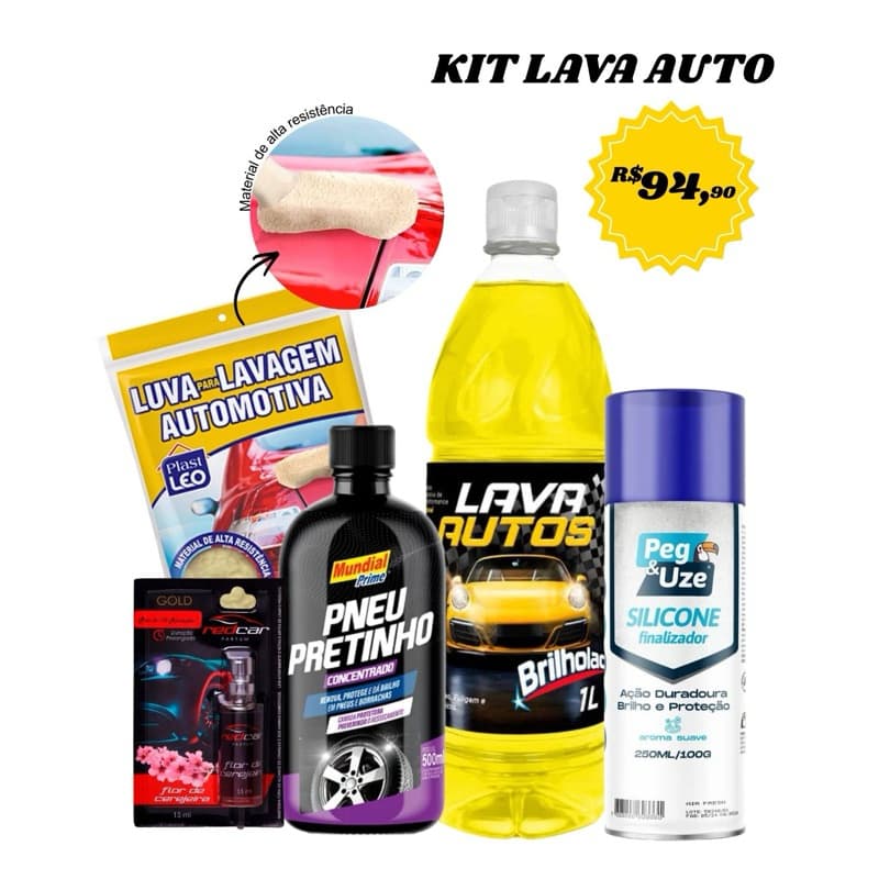 Kit Lava Carro Completo Limpeza Automotiva - Shampoo, Pretinho, Silicone, Esponja e Aromatizador