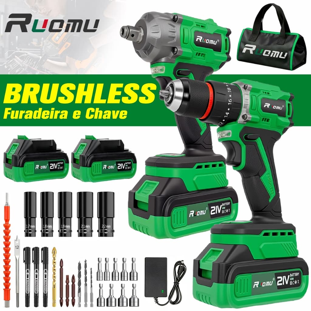 Kit furadeira parafusadeira+chave de impacto 520N.M Brushless 21V 2 Bateria 2.0ah