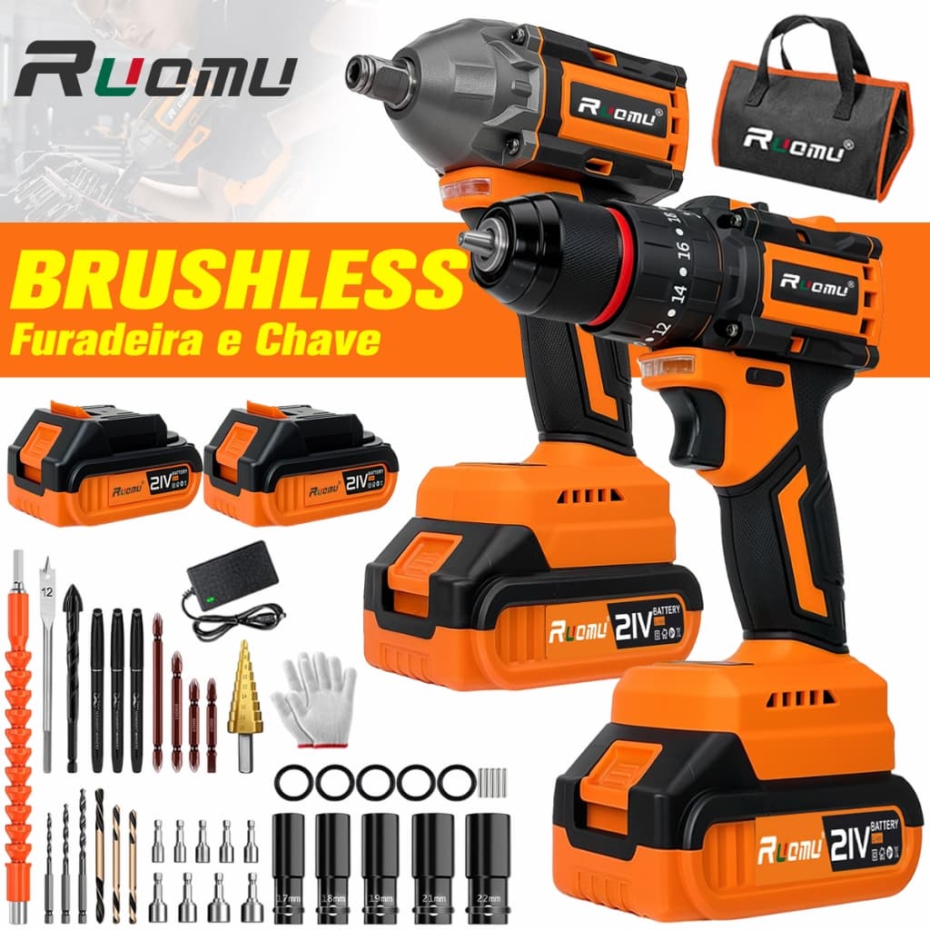 Parafusadeira e furadeira+chave de impacto kit profissional 520N.M brushless 21V 2 baterias
