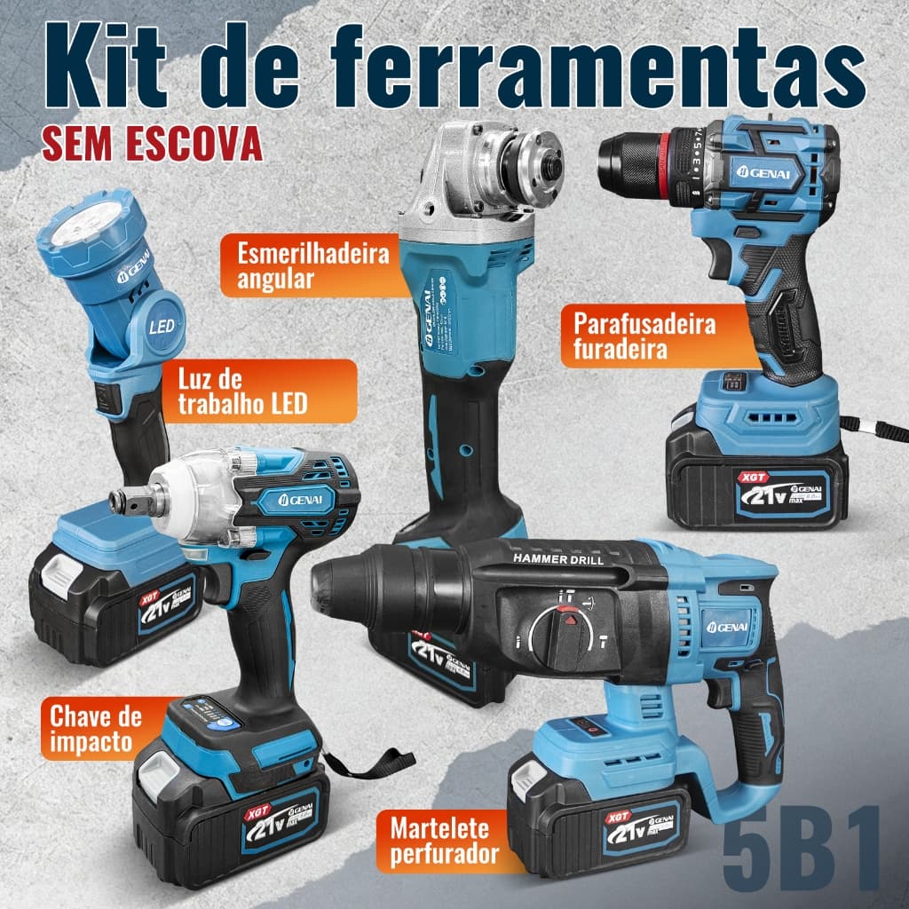 Kit Completo 5 em 1 Profissional 21V Maleta: Martelete, Esmeril, Impacto, Furadeira + Acessórios