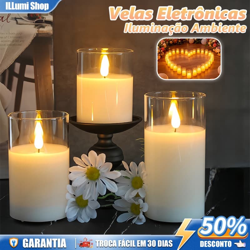 Kit 3 Luminária Vela De Led Cilíndrica,Casamento + 3 Baterias,Chama Realista Decorativa Festa