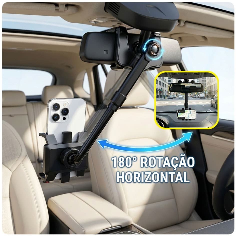 Suporte para Celular Universal de Retrovisor de Carro - Extensível, Giro 360º, Apoio Seguro