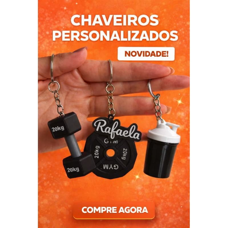 Chaveiro academia - kit  Halter / Coqueteleira / anilha + NOME personalizado | Impressão 3D