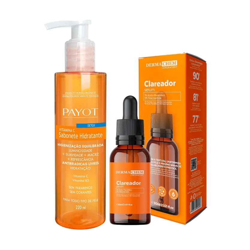 Kit Skincare Facial Hidratante e Clareador com Serum Clareador Dermachem Sabonete Payot Vitamina C