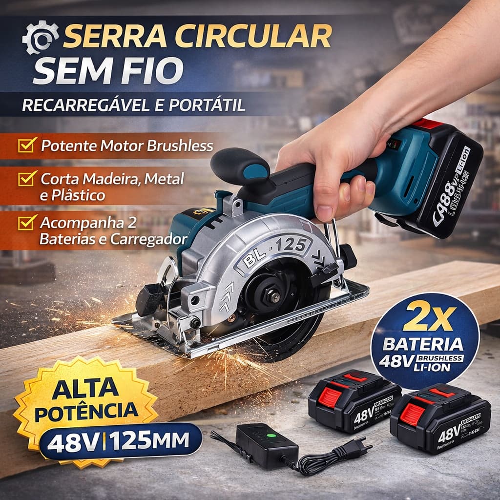 Serra Circular Sem Fio Recarregável E Portátil 2 Bateria 48V 125MM