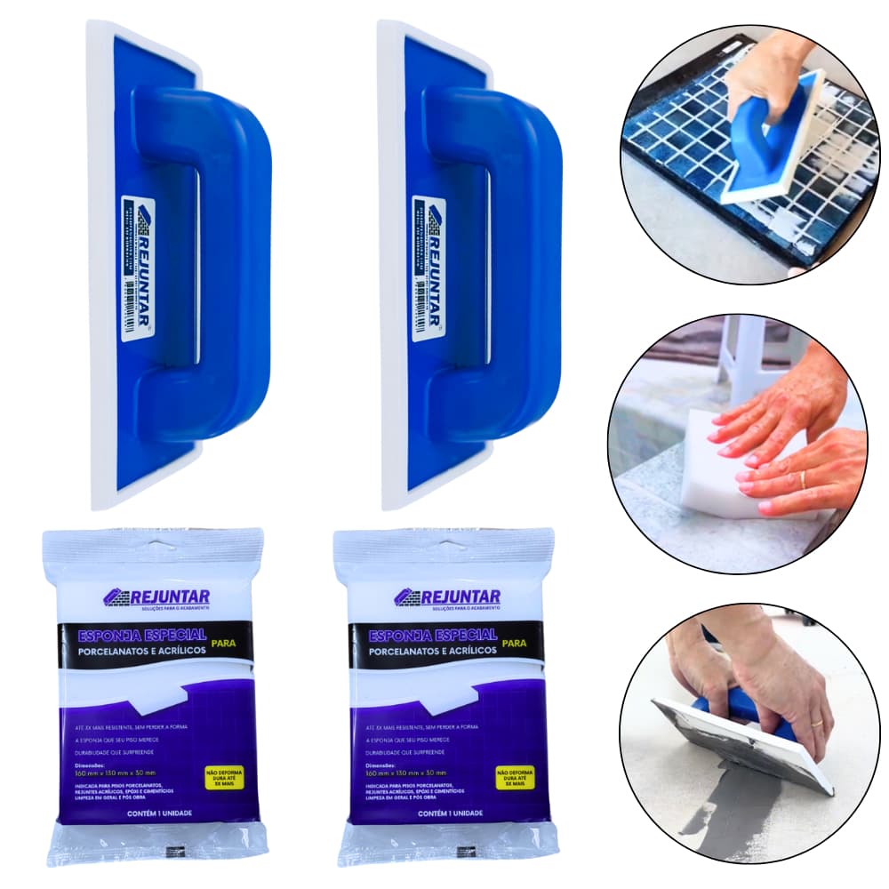 2 Desempenadeiras REJUNTAR + 2 Esponjas p/ Acrílicos e Porcelanatos – Kit Completo p/ Aplicar Rejunte Acrílico