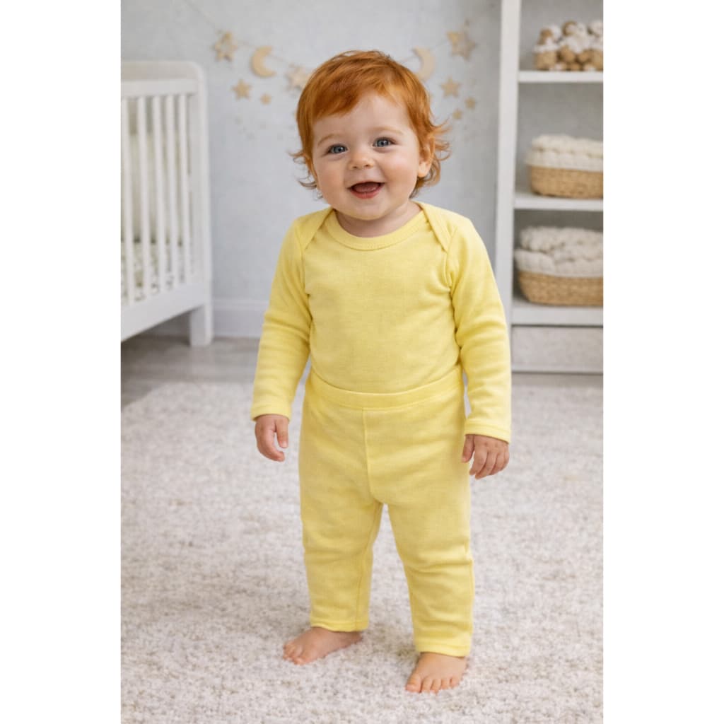 Conjunto Canelado Bebê Body e Calça Infantil Menino Menina Amarelo Bebê