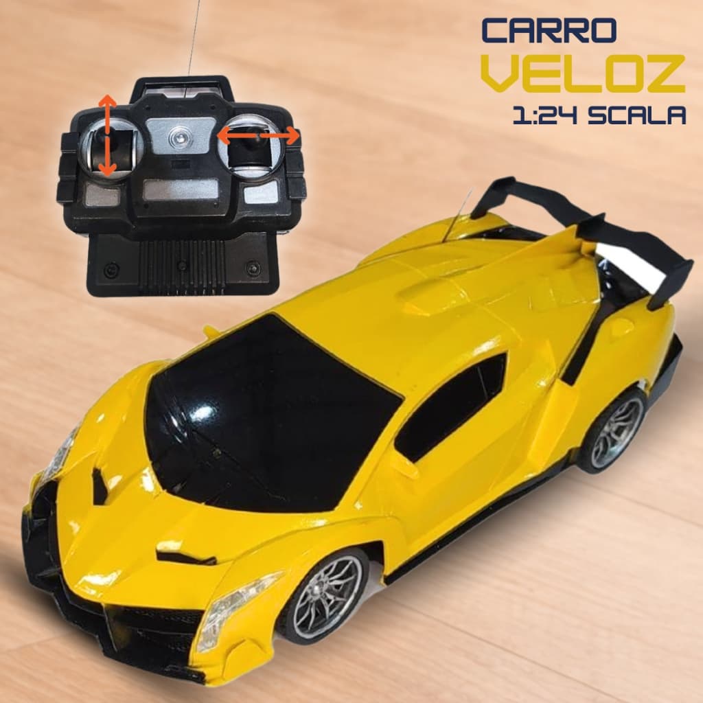 Carro Veloz Amarelo Carrinho Esportivo com Controle Remoto 4 Funções Lambo Brinquedo de Menino