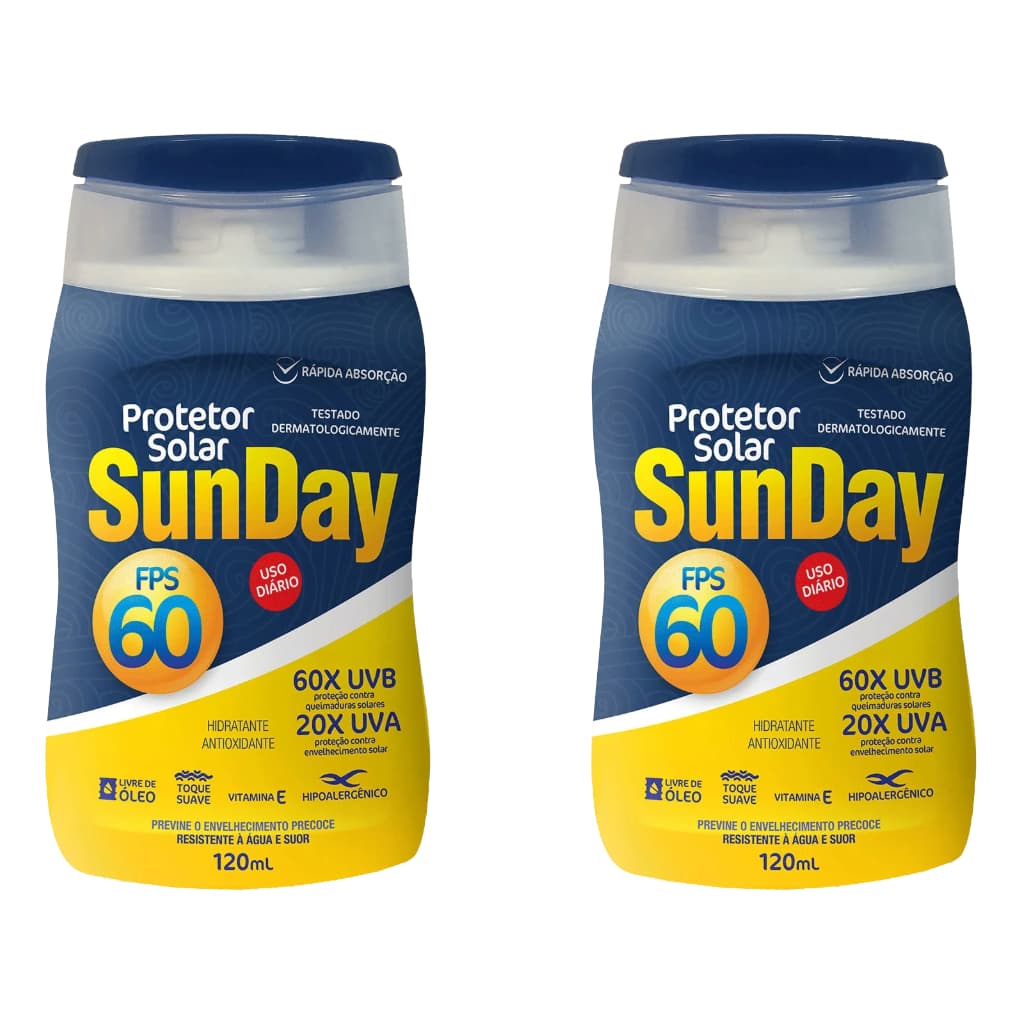 Kit 2 Protetor solar Sunday FPS 60 UVB/UVA Anti-Envelhecimento Estoque Limitado 120ml