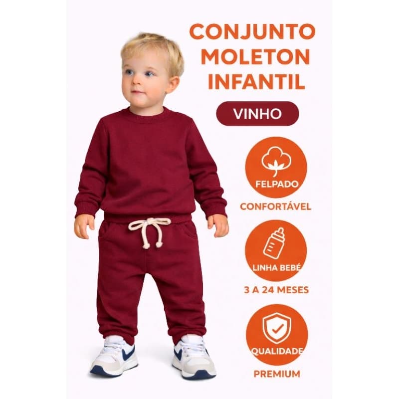 Conjunto Moletom Felpado Casaco Gola Careca Unissex Bebes