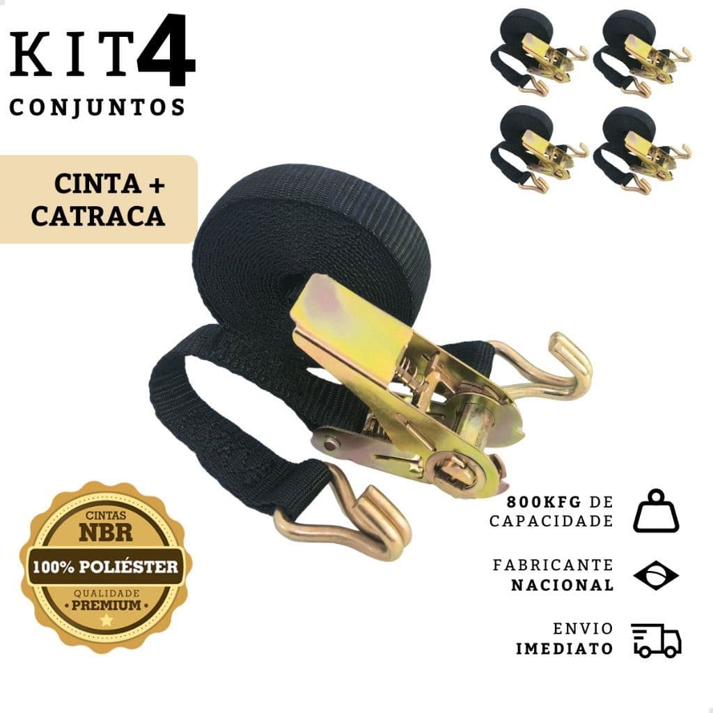 Jogo 4x Cinta Catraca Preta 800kg Amarração de Carga 5 Metros