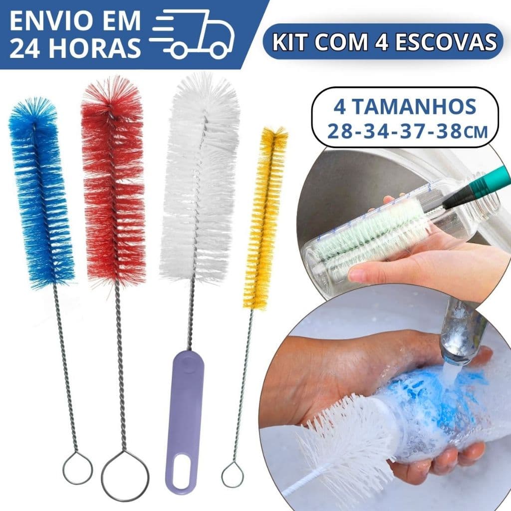 Kit 4 Escova Lavar Garrafas Mamadeira Bebe 4 Medidas Cozinha