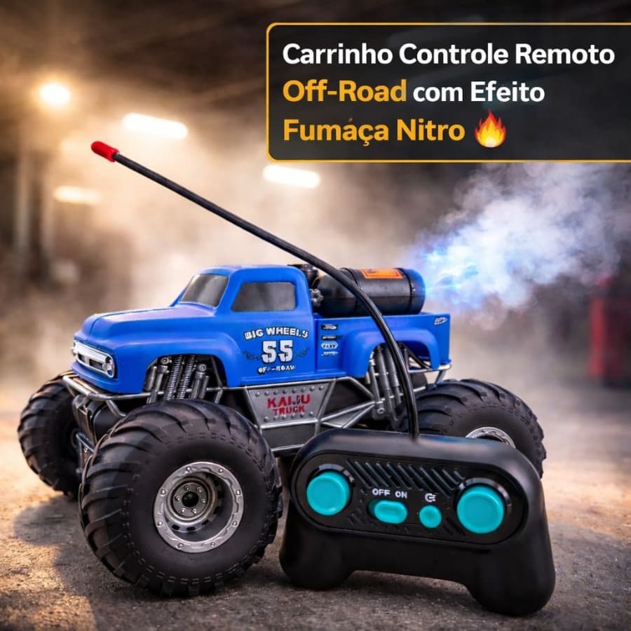 Carrinho Controle Remoto Off-Road Big Wheel 55 com Efeito Fumaça Recarregável USB Infantil