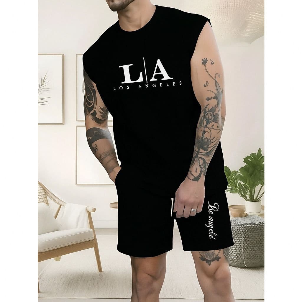 Conjunto Regata Machão L A Los Angeles Camiseta Masculina Bermuda Moletom com Bolso Algodão Esporte