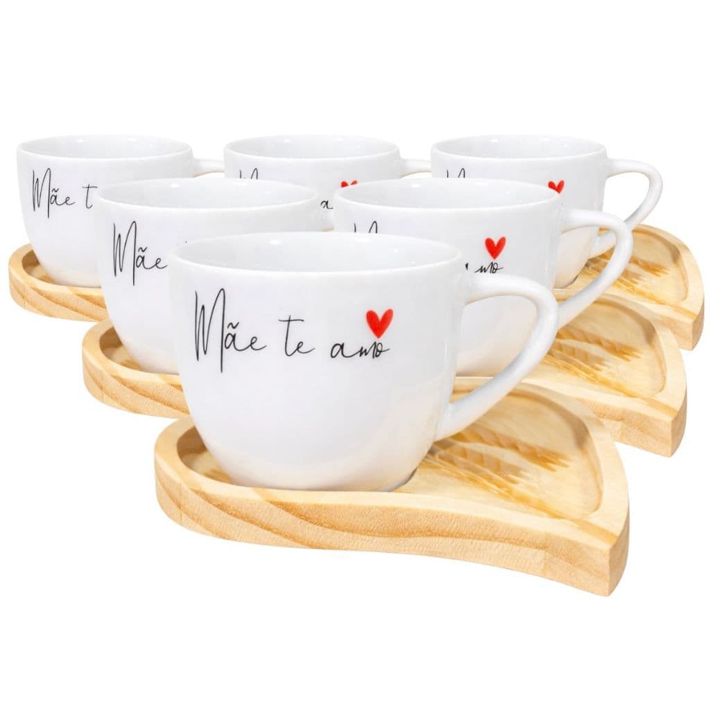 Kit 6 Xícaras 170ml Paris Porcelana Branca Mãe Eu Te Amo Moderna Com Pires Coração Orgânico