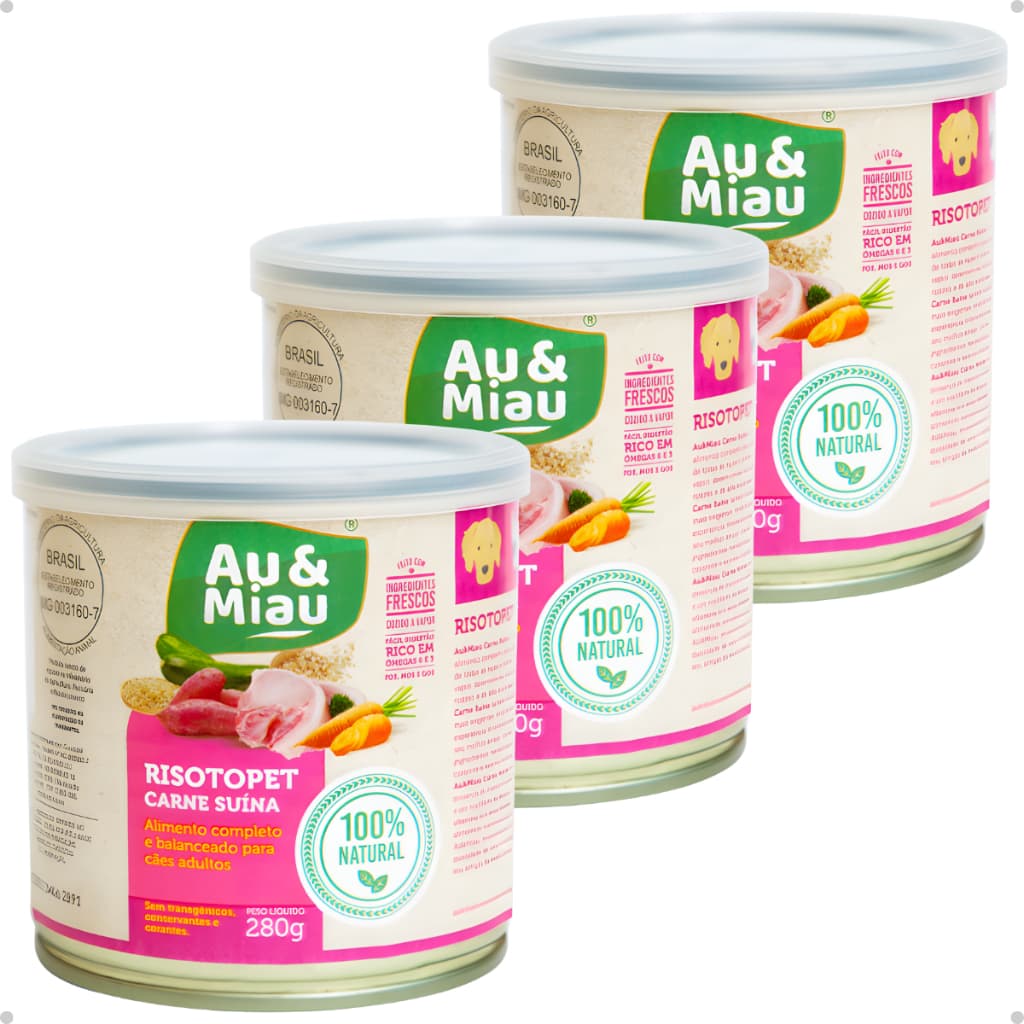 Kit 3 Ração 100% Natural Úmida Pet Cachorro 280g Carne Suína