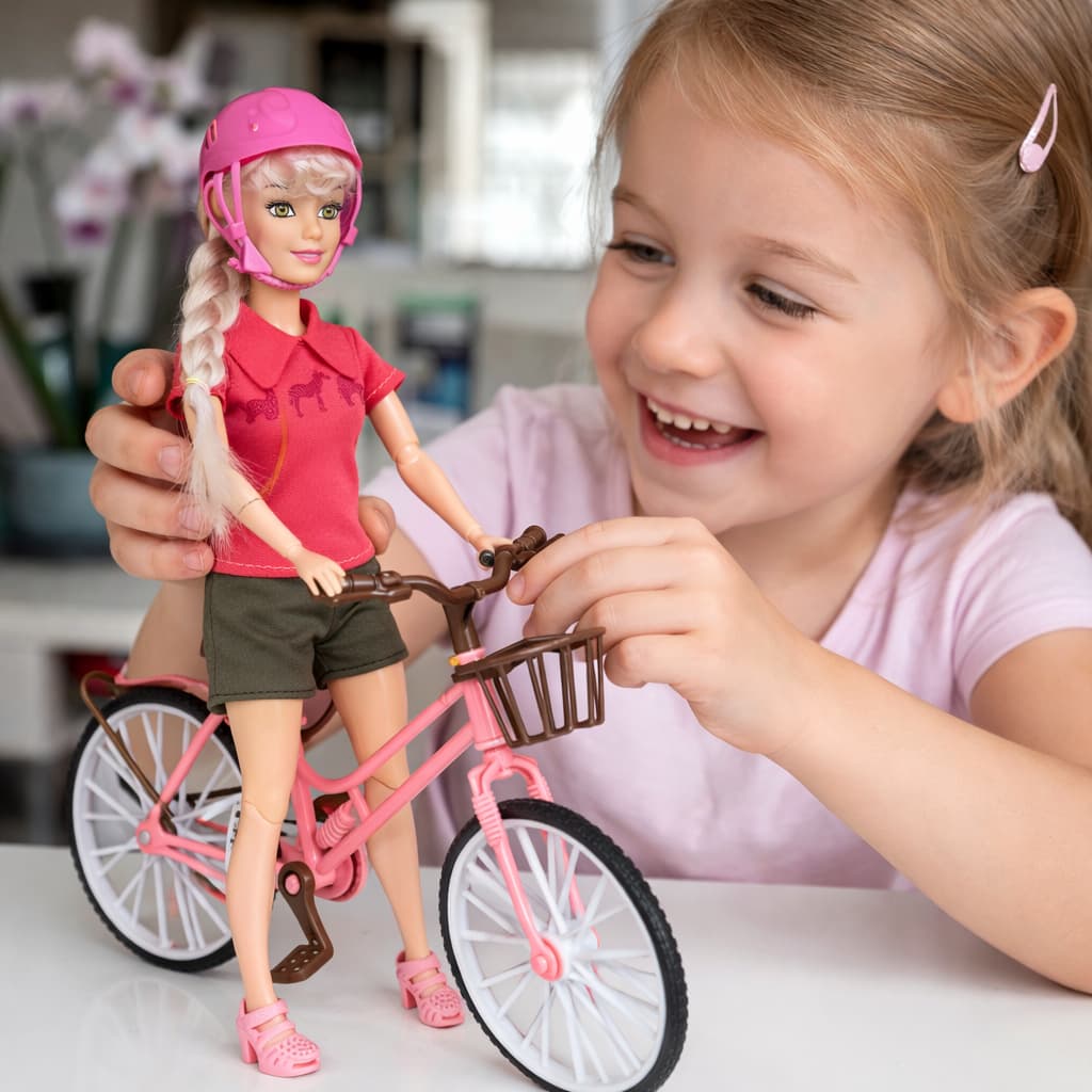 Boneca Bicicleta Com Acessórios Brinquedo Articulado Infantil Rosa Menina