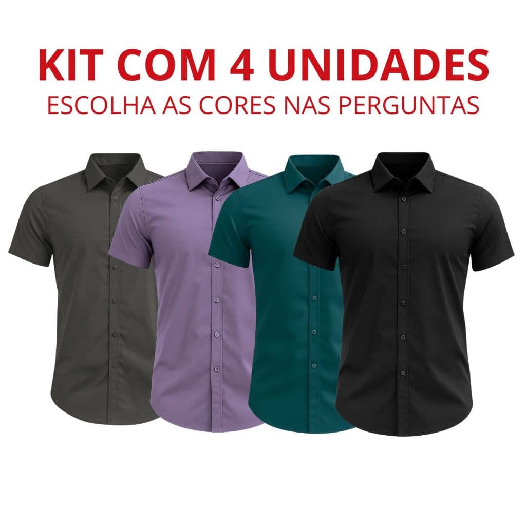 Kit 4 Camisa Social Masculina Manga Curta Tamanho Especial Slim Fit Premium Lisa