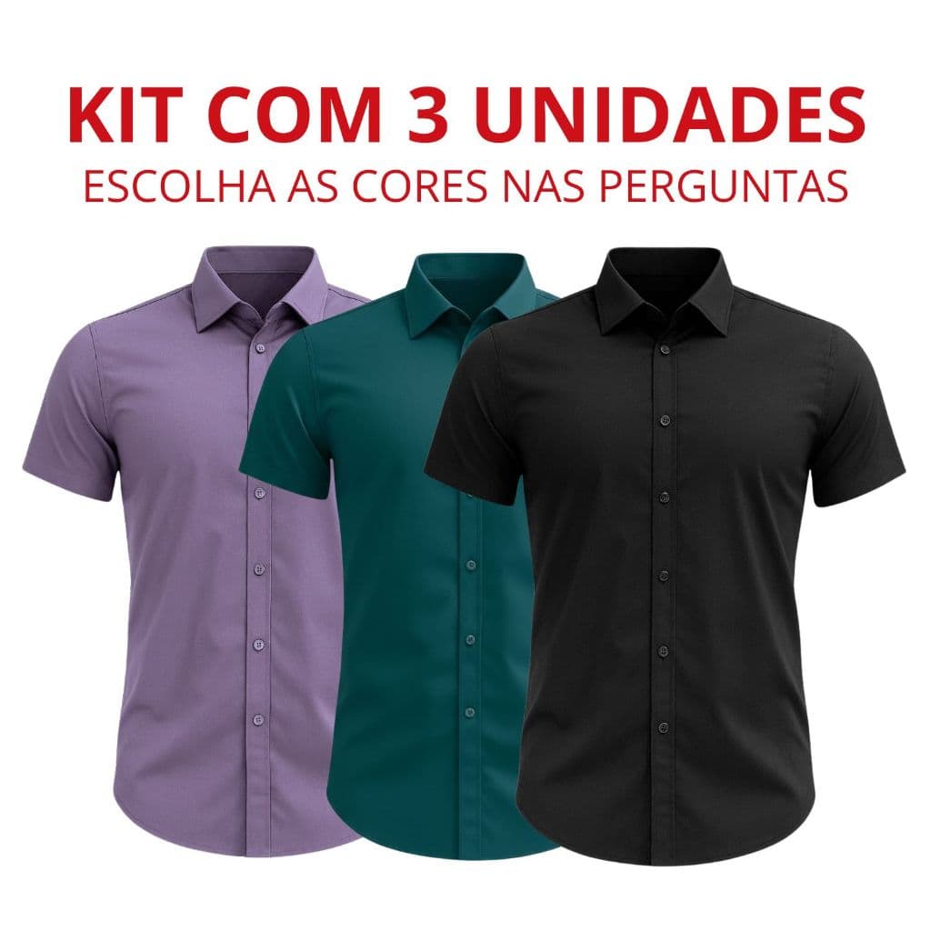Kit 3 Camisa Social Curta Masculina Extra Grande Plus Size Slim Lisa Manga Curta Premium