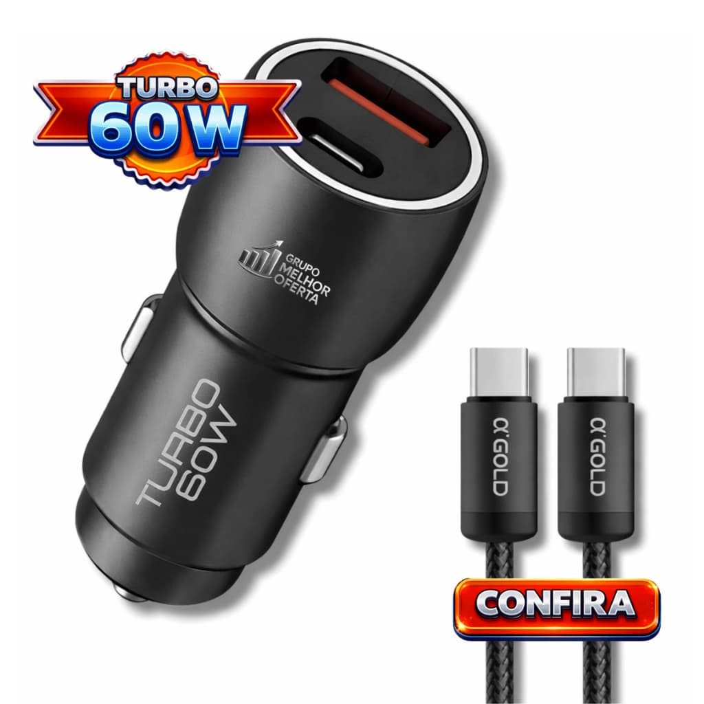 Carregador Carro Turbo 60W USB-A USB-C PD QC4.0 + Cabo Tipo C Veicular 12V 24V