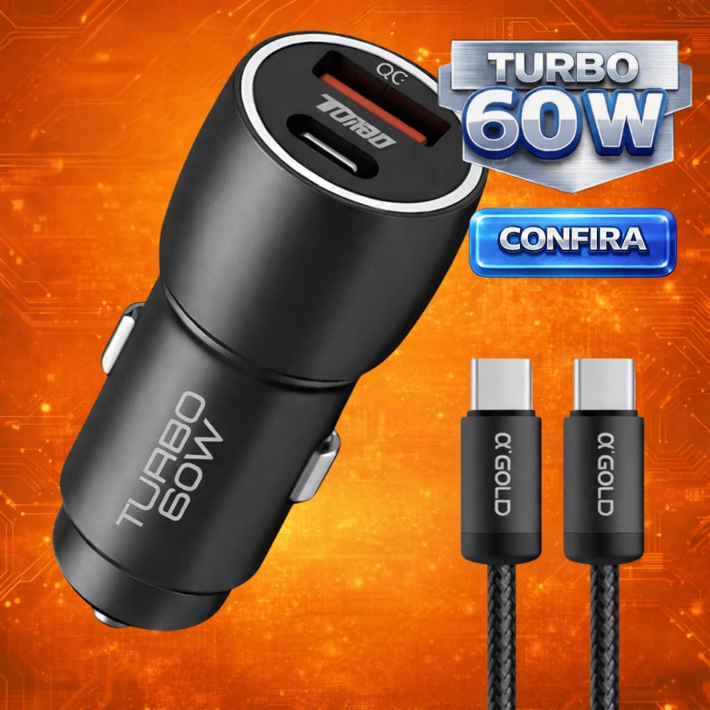 Carregador Veicular Turbo 60W USB-C + USB-A PD QC4.0 Cabo Tipo C Tipo C Carro Caminhão 12V 24V