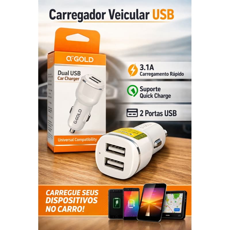 Carregador Veicular Dual USB Q-GOLD 3.1A