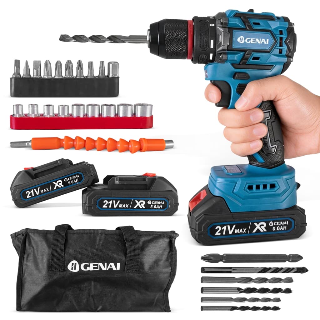 Furadeira de Impacto GENAI 21V - Bateria 5.0Ah, Kit Completo com Acessórios, Ideal para Concreto, Madeira e Metal