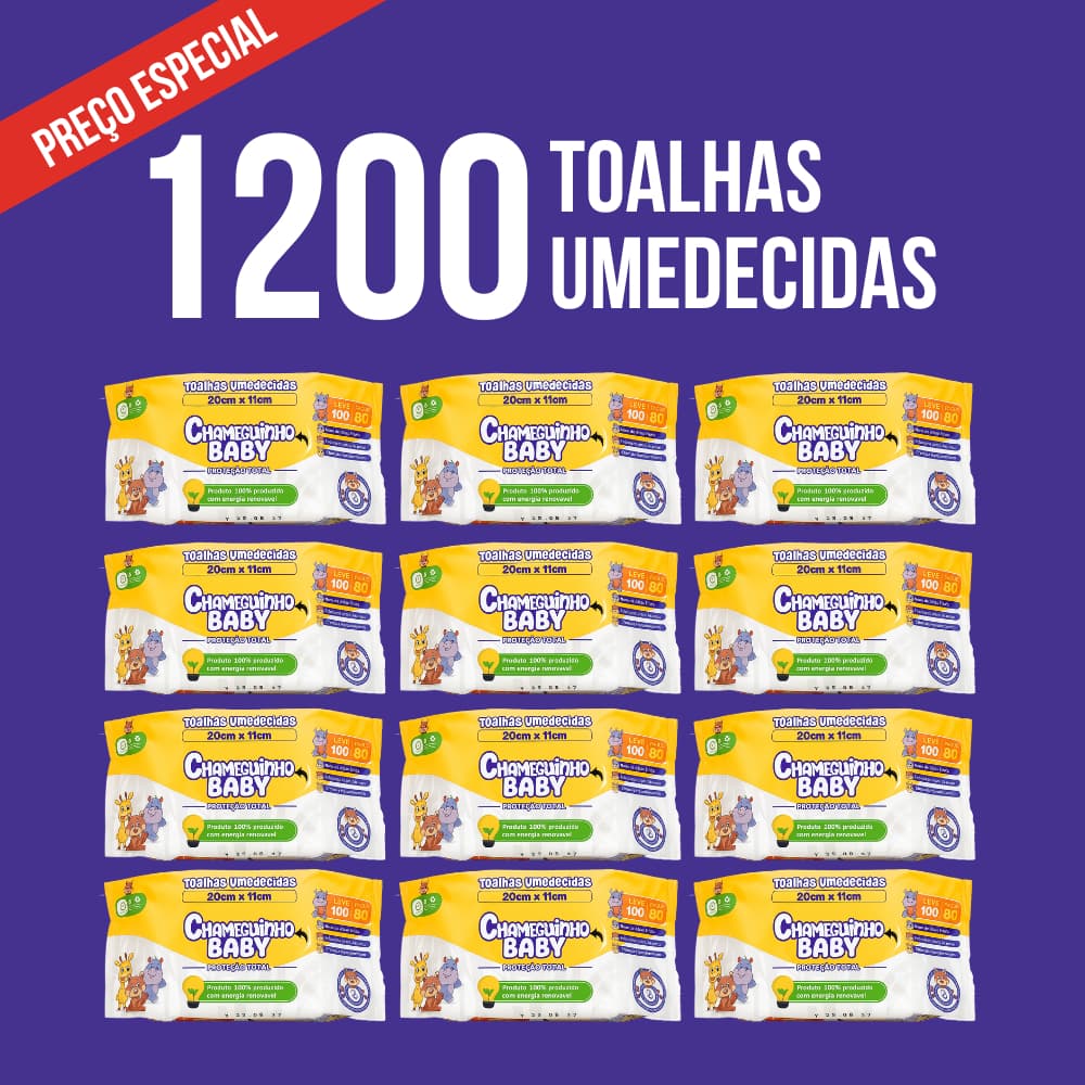 Kit 12 Pacotes Toalhas Umedecidas Lenços Chameguinho Baby Hipoalérgicos 100 Folhas Bebe Infantil