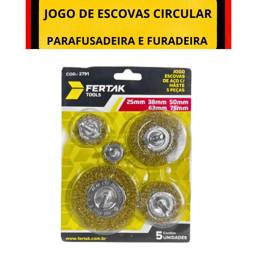 Jogo Escovas De Aço Circular Com Haste 5 Peças para Furadeira e Parafusadeira