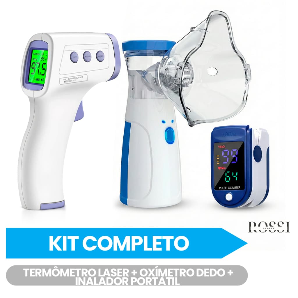 Kit Oxímetro de Dedo + Termômetro Infravermelho + Inalador Portátil