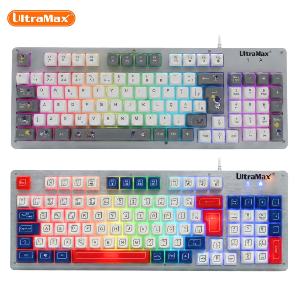 Teclado para jogos semi-mecânico UltraMax ULT-098 RGB, layout ABNT2 de 90%, teclado com fio de 94 teclas