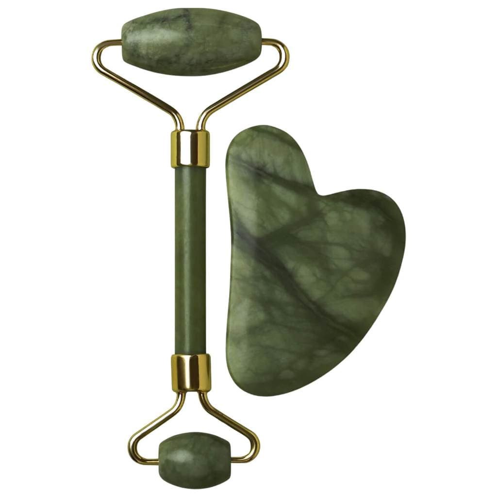 Rolo Pedra Jade Massageador Facial Duo E Placa Gua Sha Skincare Drenagem Anti-idade