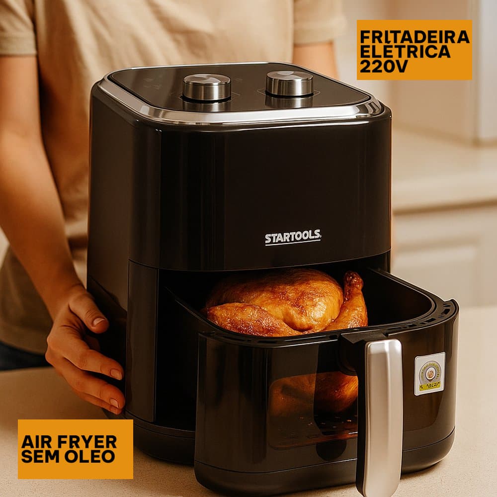 Fritadeira Elétrica 5 Litros Cesto Removível Revestimento Antiaderente Air Fryer Sem Oléo Preto 220V