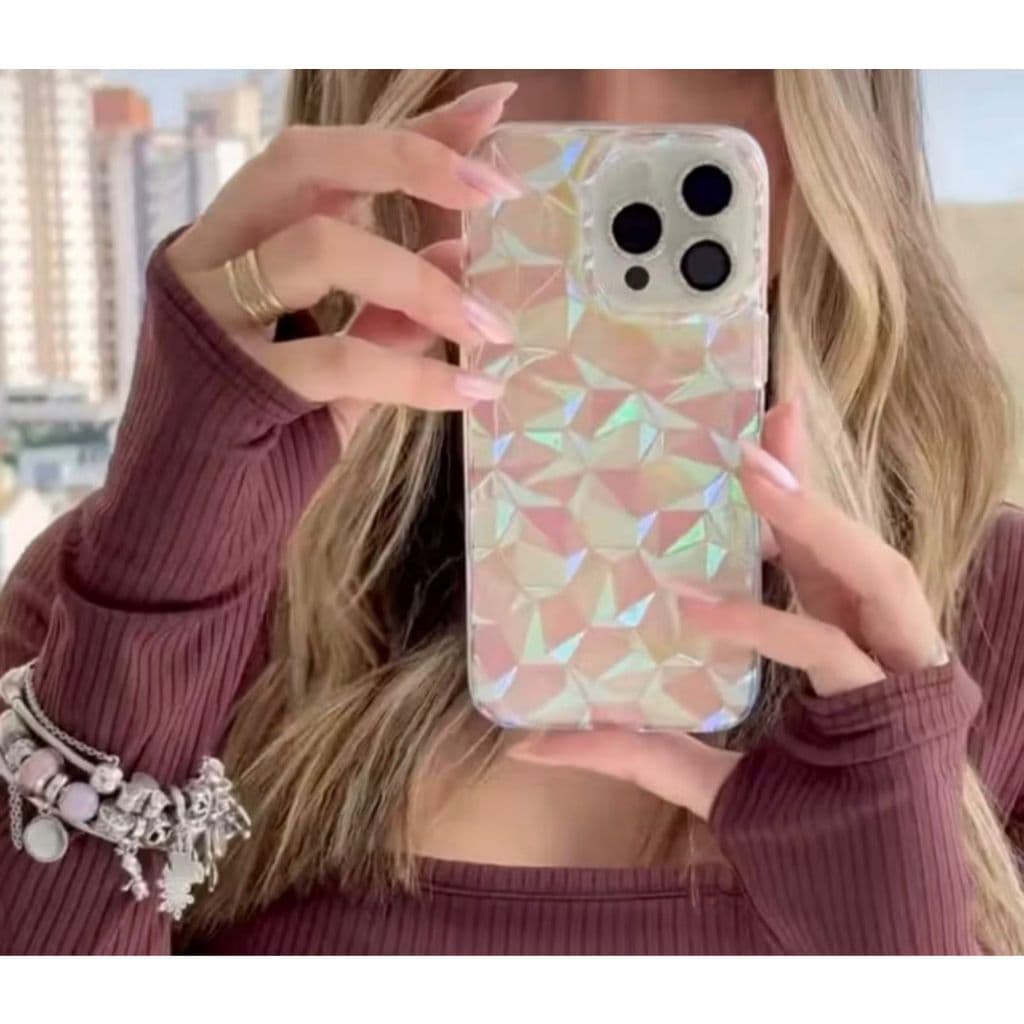 CAPA CRISTAL 3D  LUXO + KIT DE PELÍCULA DE CELULAR CAPINHA ESPELHADA GEOMÉTRICA HOLOGRÁFICA PARA IPHONE  11/13/14/15/16P