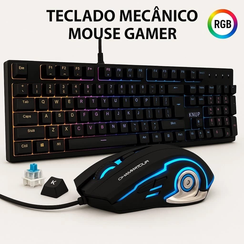 Kit Teclado Mecânico Mouse Gamer Led Rgb 7 Cores Anti Ghosting Usb Pc Computador Notebook MK606