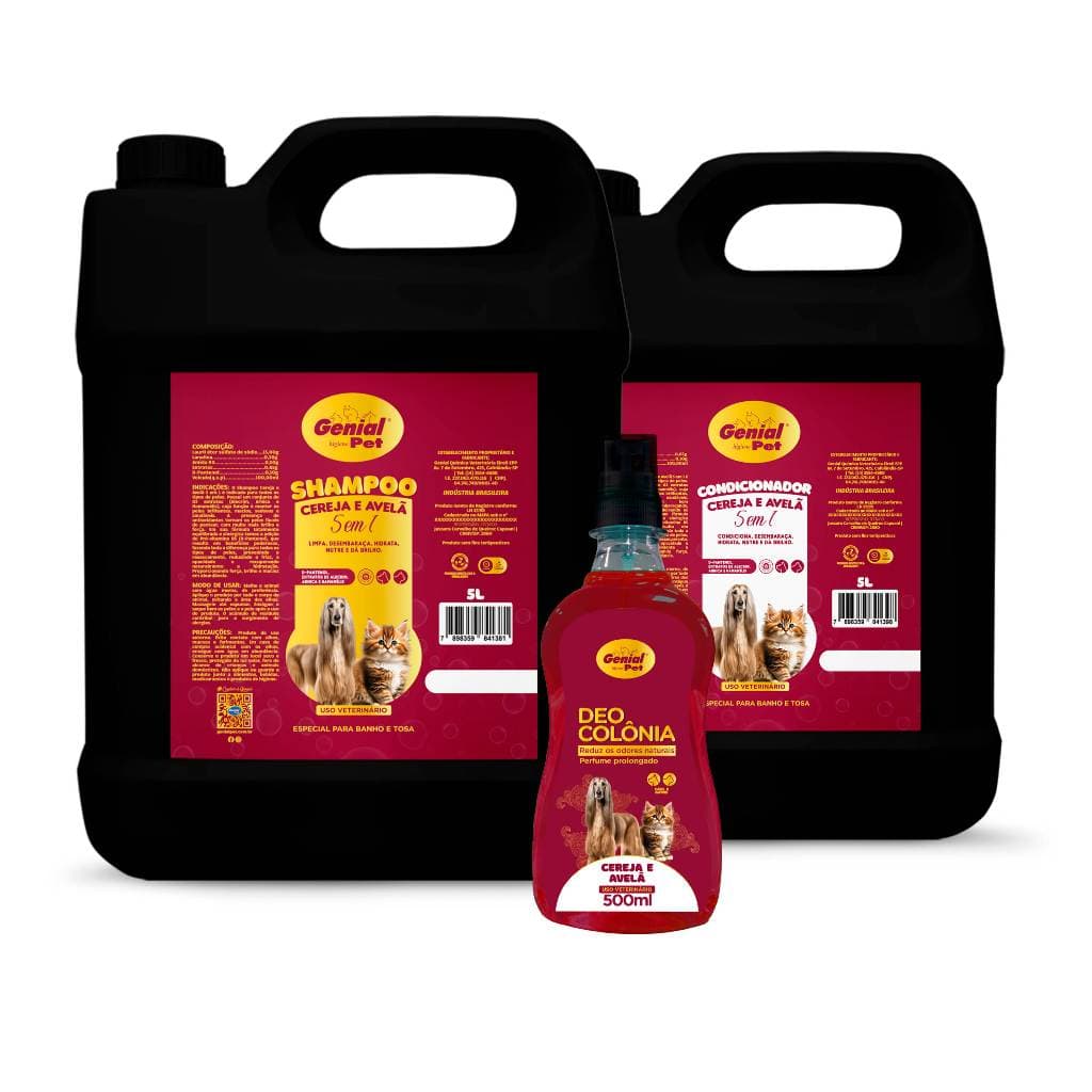 Linha Cereja & Avelã 5L Shampoo 5 em 1, Condicionador e Deo Colônia 500ml para Cães e Gatos