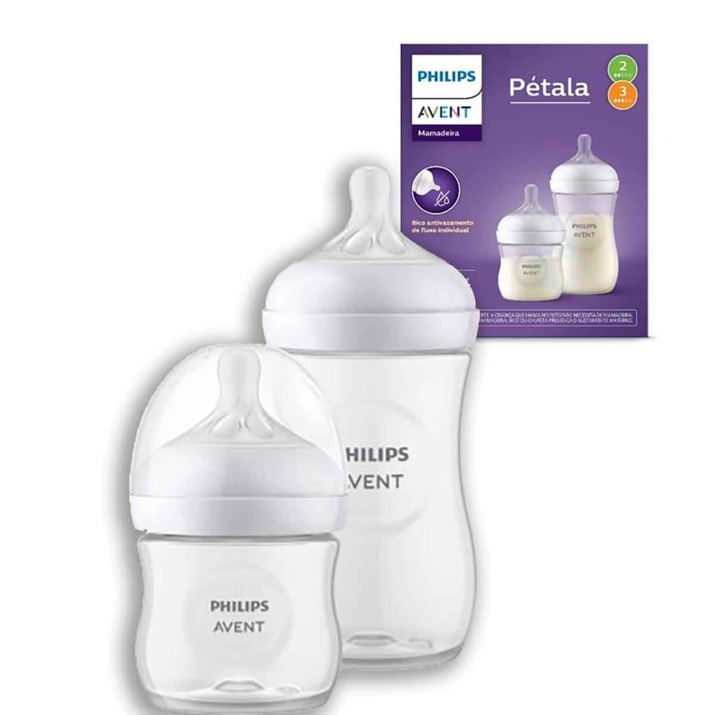 Kit 2un Mamadeiras Pétala Avent Transparente 125ml/260ml  Antivazamento Fluxo Lento/Médio