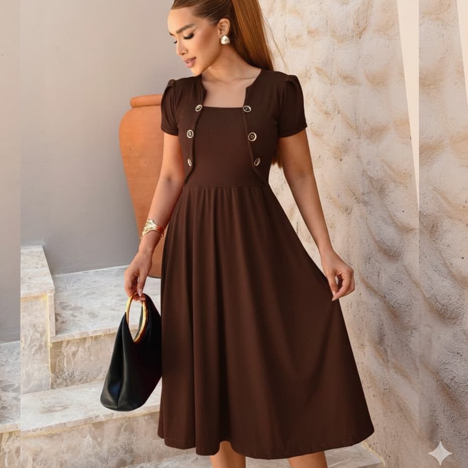 Vestido Feminino Midi Rodado Evangélico Detalhes de Botão Blazer Fake Casual Elegante Manga Bufante Malha Canelada