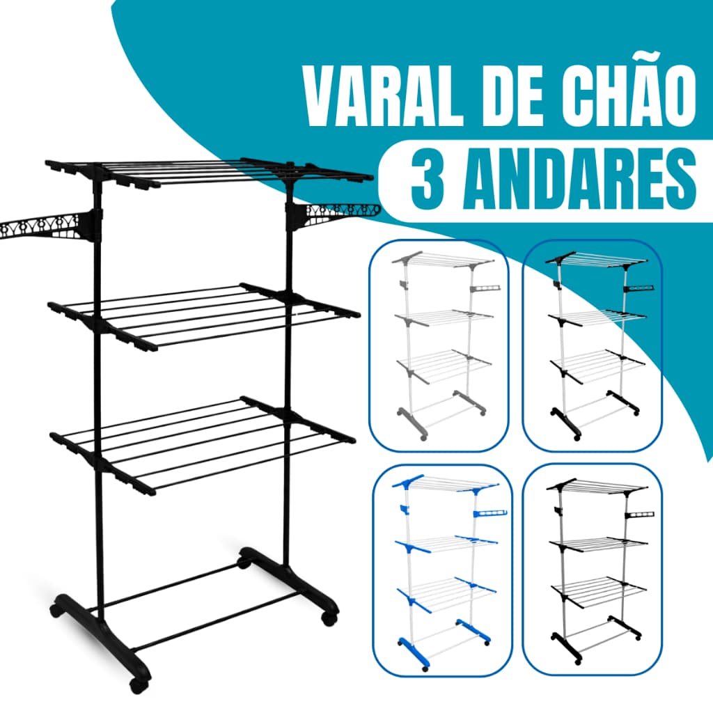 Varal De Chão 3 Andares Para Roupas e Calcinhas 4 Rodas Dobrável Reforçado e Portátil