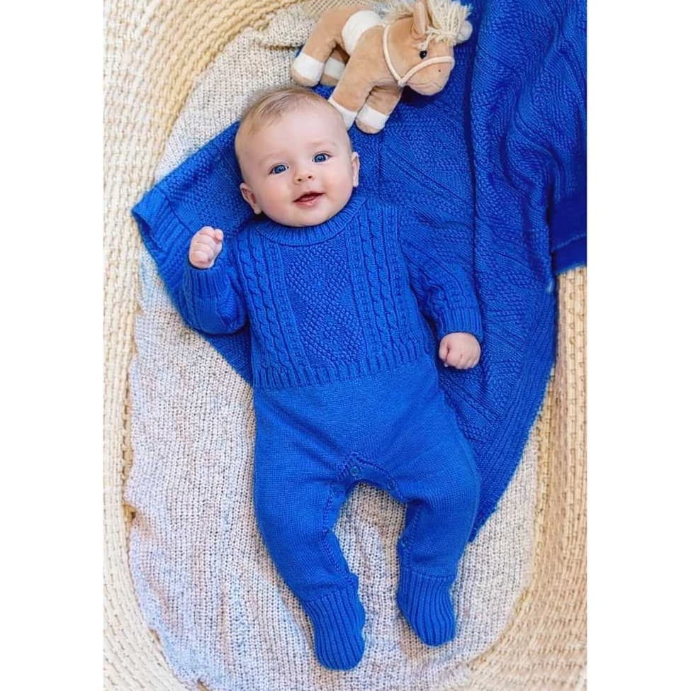 Kit Saída Maternidade Losango com Manta e Macacão com pé reversivel, Menino e Menina Tricot Enxoval bebê RN