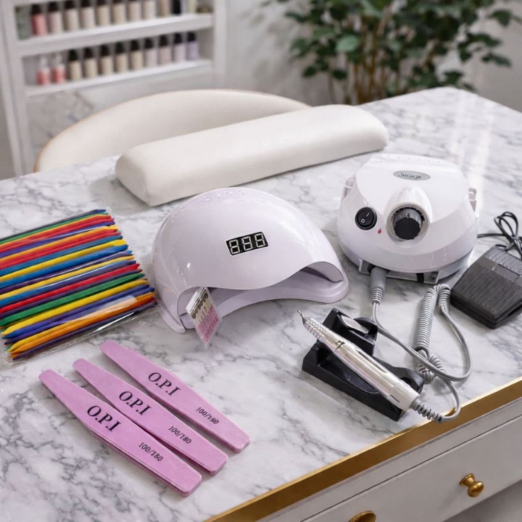 Kit Manicure Completo Sun 5 Led Uv Cabine Lixadeira Elétrica Cor Branco - Nail Drill 110v/220v