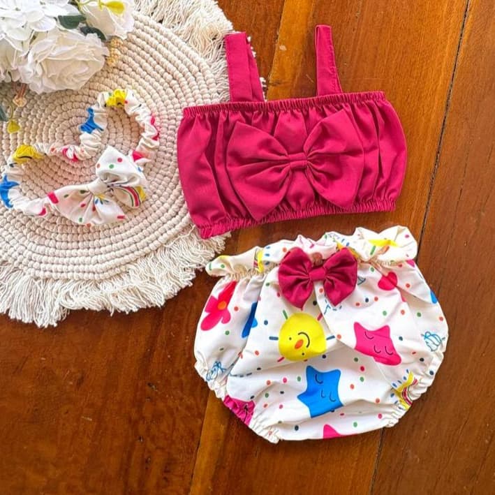 Kit Infantil SUNSET Menina Blusa, Tiara e calcinha tapa fralda Retrô. Mesversário Blogueirinha