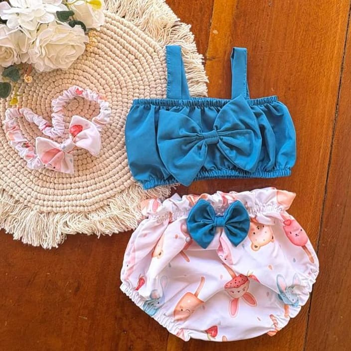 Kit retrô Infantil para menina Blusa, Tiara e calcinha tapa fralda | Look para Bebês 5 meses a 1 ano