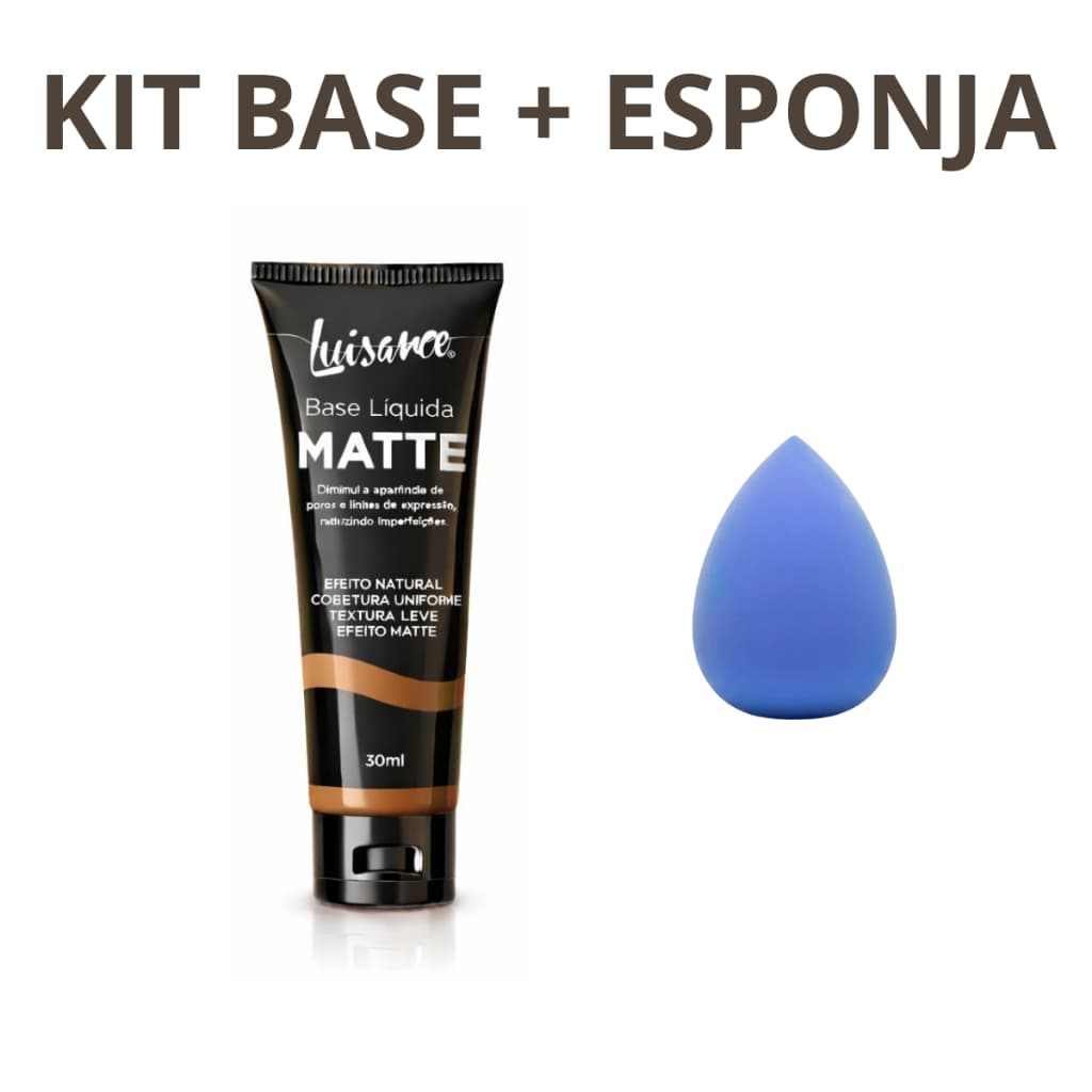 kit basico maquiagem - base liquida luisance matte + esnponja gota macia