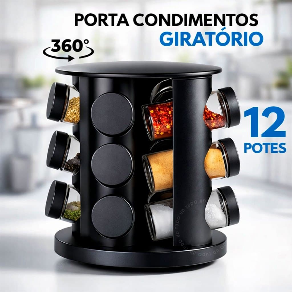 Porta Temperos Condimentos Giratório 12 Potes De Vidro Tampa Dosadora Preto