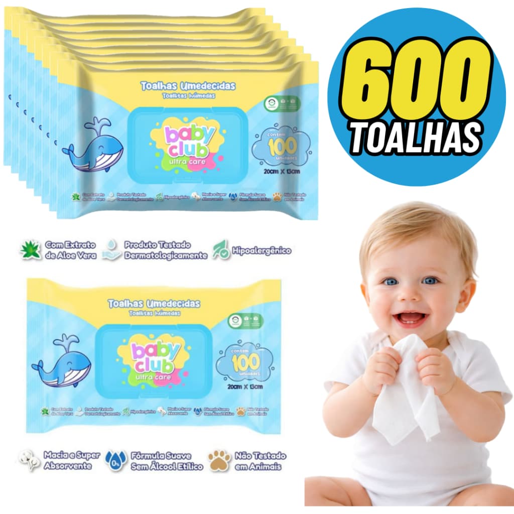 KIT C/ 600/300/100 Lenço umedecido, Toalhas Umedecida C/Tampa Limpeza Segura e Eficaz para Bebês